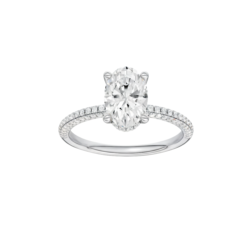 Oval-cut diamond engagement ring with a pavé-set diamond band and hidden-halo setting.