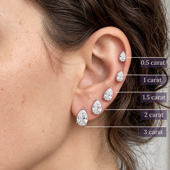 Amorati Diamonds women's ear with 5 pear-cut diamonds .5, 1, 1.5, 2, 3 carats up the ear to show the size difference.