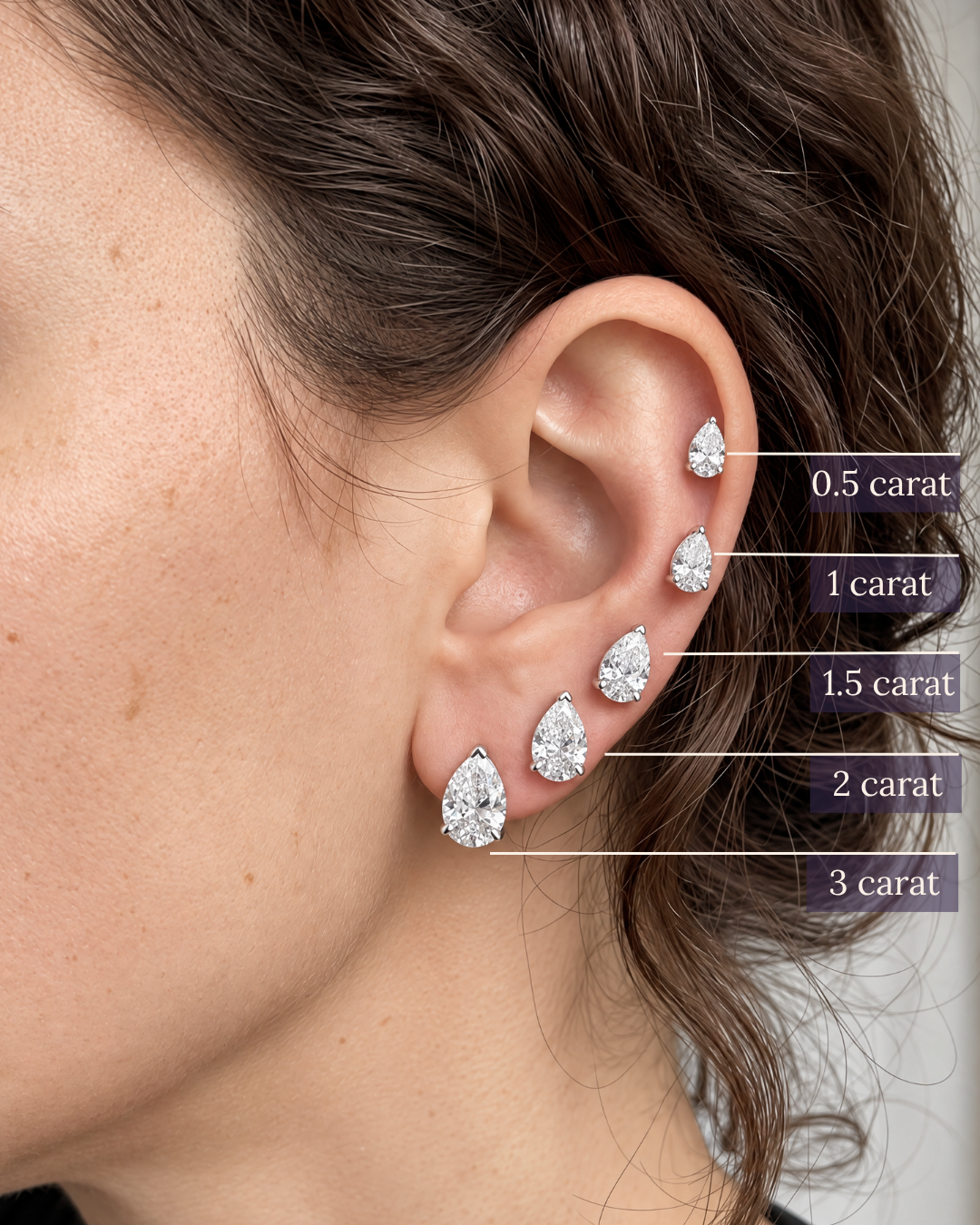 Amorati Diamonds women's ear with 5 pear-cut diamonds .5, 1, 1.5, 2, 3 carats up the ear to show the size difference.