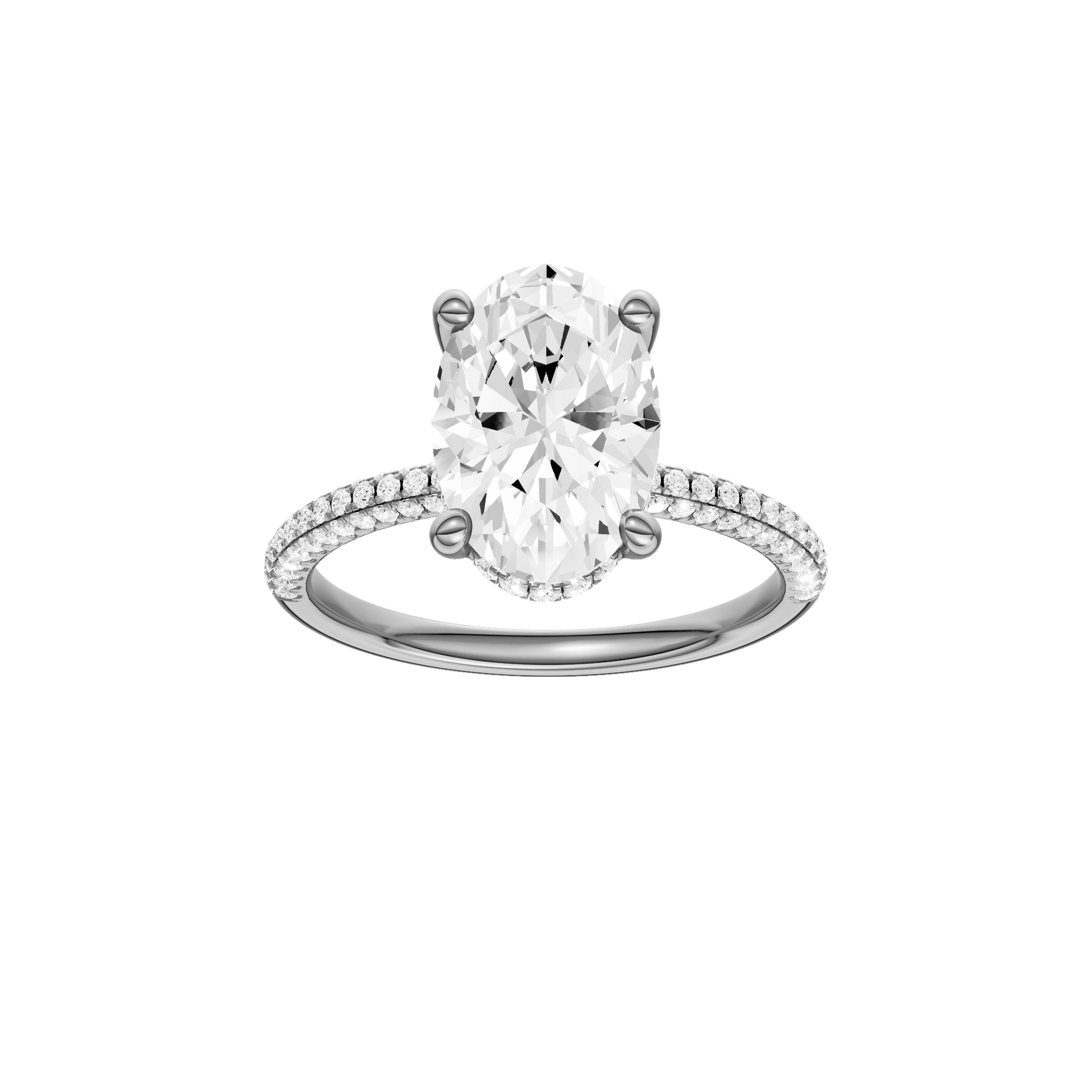 Oval-cut diamond engagement ring with a pavé-set diamond band and hidden-halo setting.