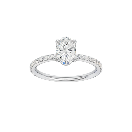 Oval-cut diamond engagement ring with a prong-set diamond band and solitaire setting.