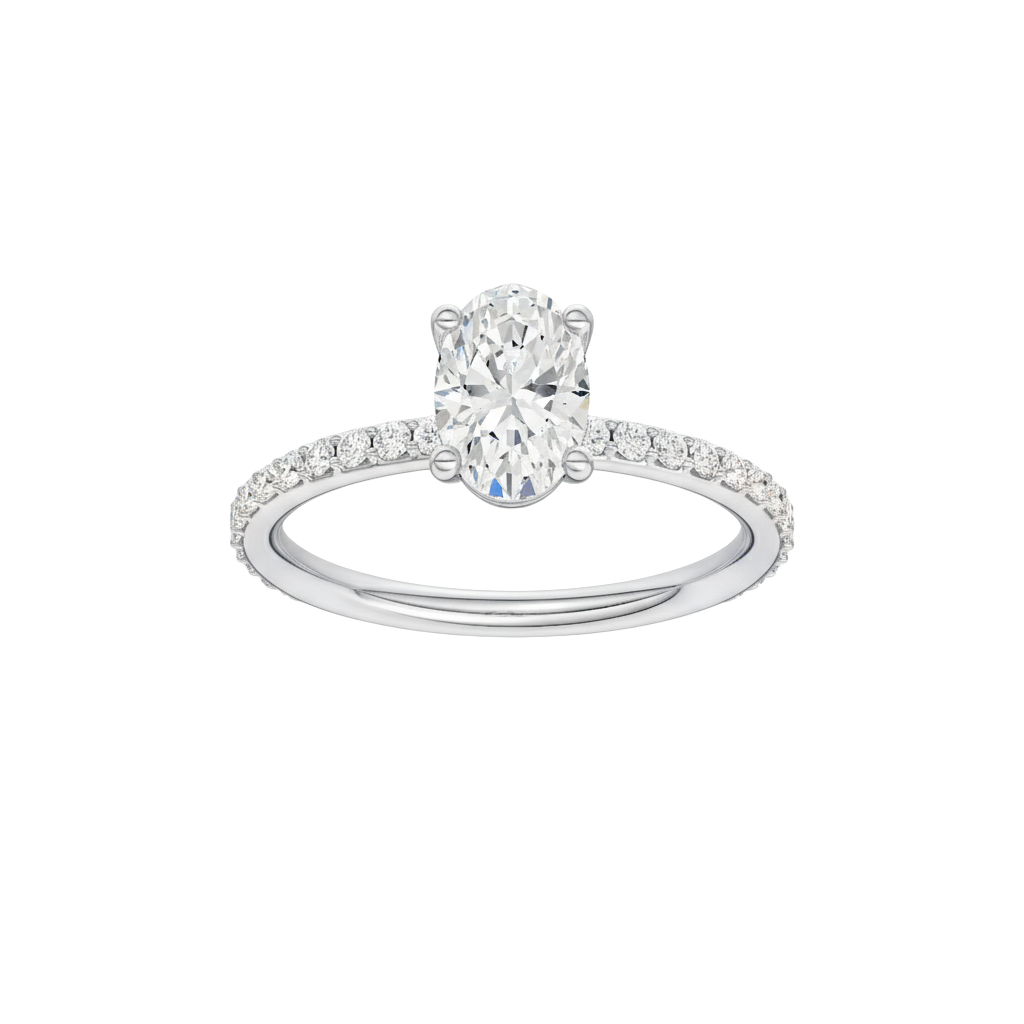 Oval-cut diamond engagement ring with a prong-set diamond band and solitaire setting.