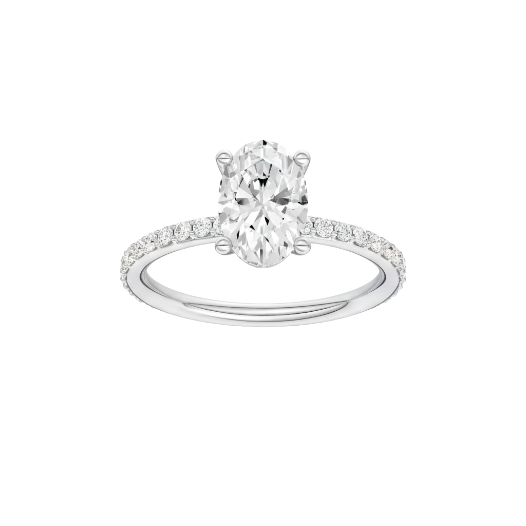 Oval-cut diamond engagement ring with a prong-set diamond band and solitaire setting.