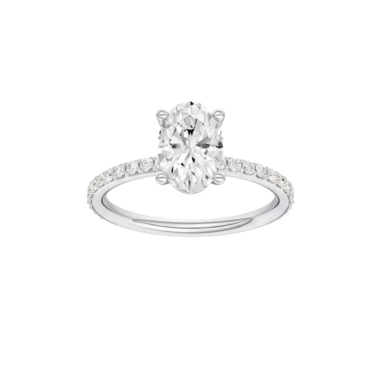 Oval-cut diamond engagement ring with a prong-set diamond band and solitaire setting.