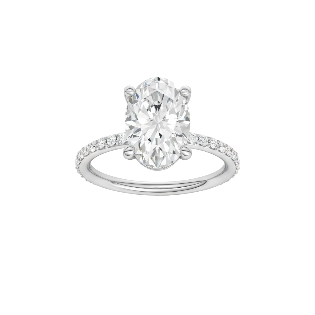 Oval-cut diamond engagement ring with a prong-set diamond band and solitaire setting.