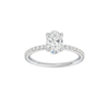 Oval-cut diamond engagement ring with a prong-set diamond band and solitaire setting.