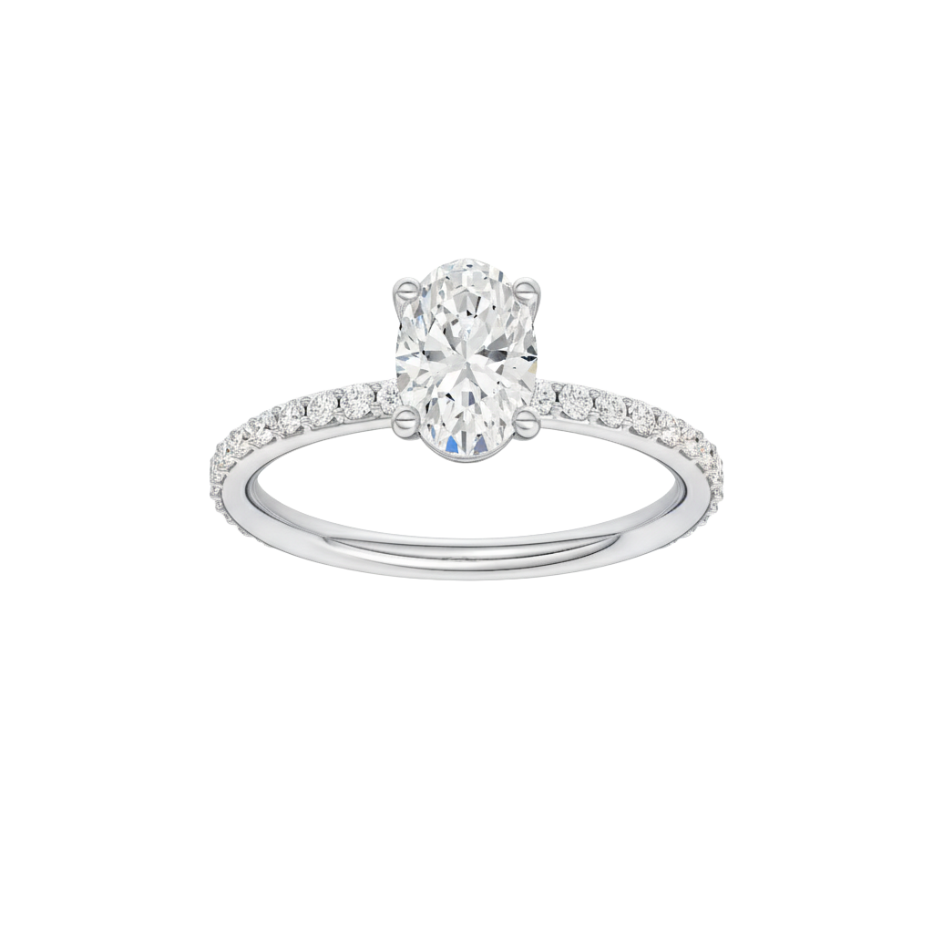 Oval-cut diamond engagement ring with a prong-set diamond band and solitaire setting.