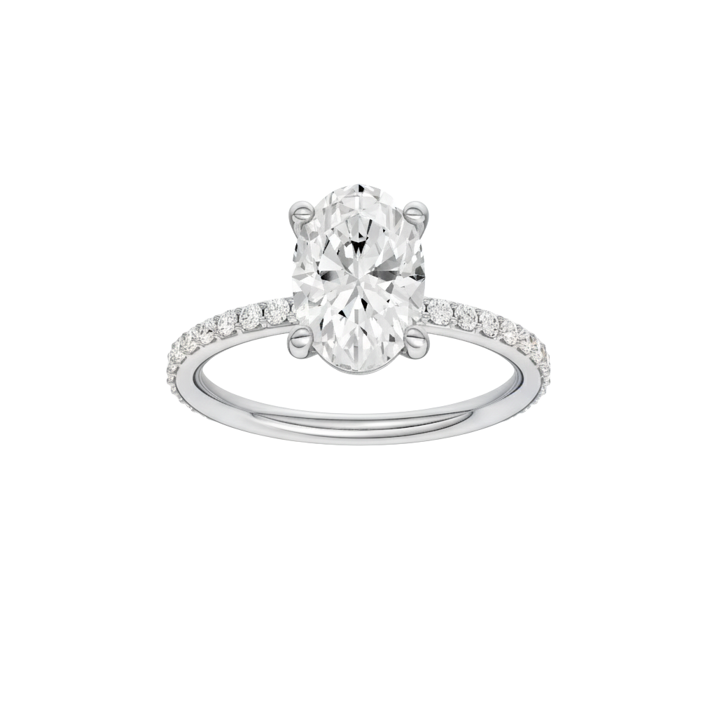 Oval-cut diamond engagement ring with a prong-set diamond band and solitaire setting.