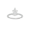 Pear-cut diamond engagement ring with a pavé-set diamond band and hidden-halo setting.