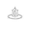Pear-cut diamond engagement ring with a pavé-set diamond band and hidden-halo setting.