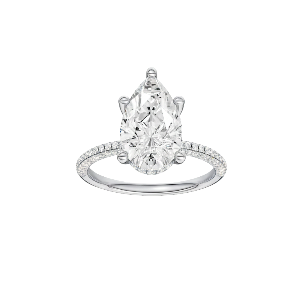 Pear-cut diamond engagement ring with a pavé-set diamond band and hidden-halo setting.
