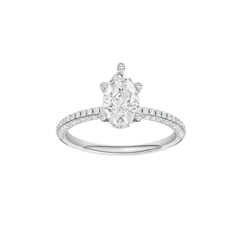 Pear-cut diamond engagement ring with a pavé-set diamond band and hidden-halo setting.