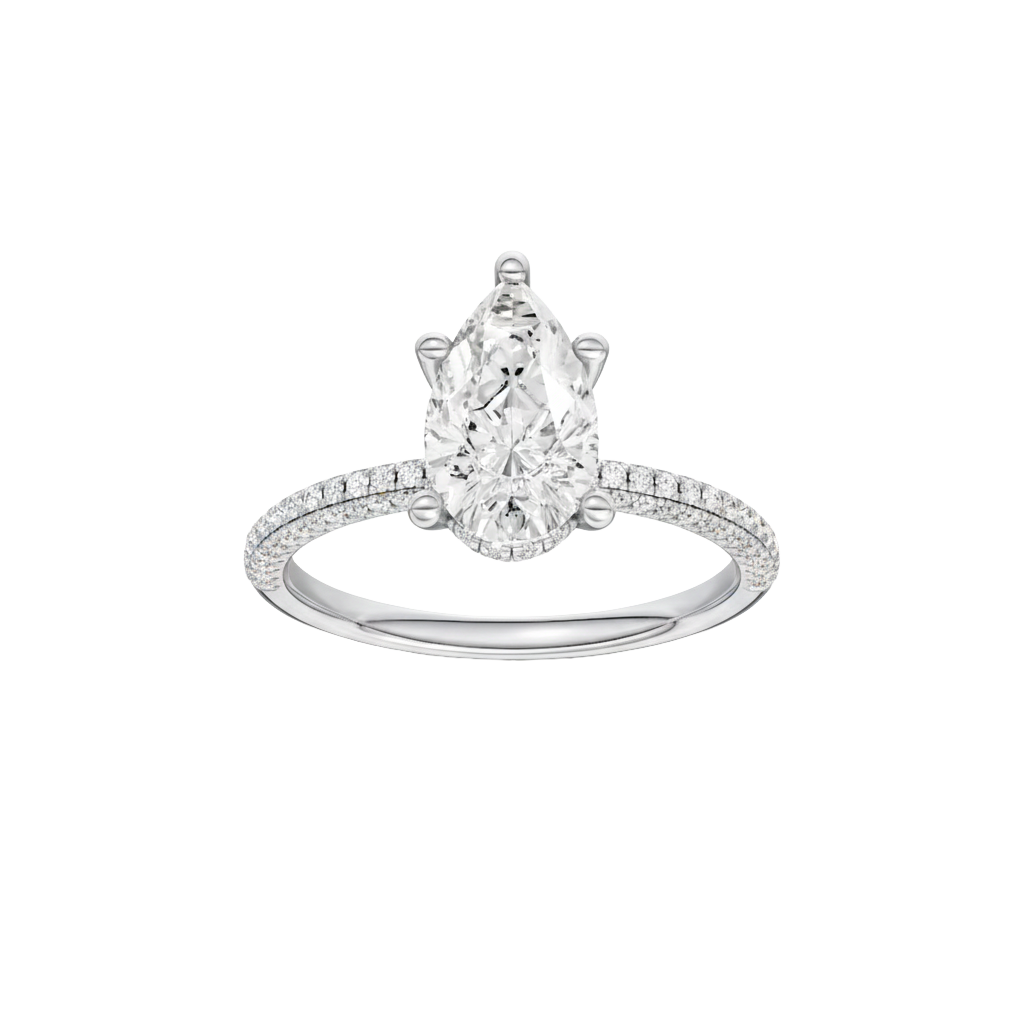 Pear-cut diamond engagement ring with a pavé-set diamond band and hidden-halo setting.