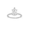 Pear-cut diamond engagement ring with a pavé-set diamond band and hidden-halo setting.