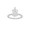 Pear-cut diamond engagement ring with a pavé-set diamond band and hidden-halo setting.