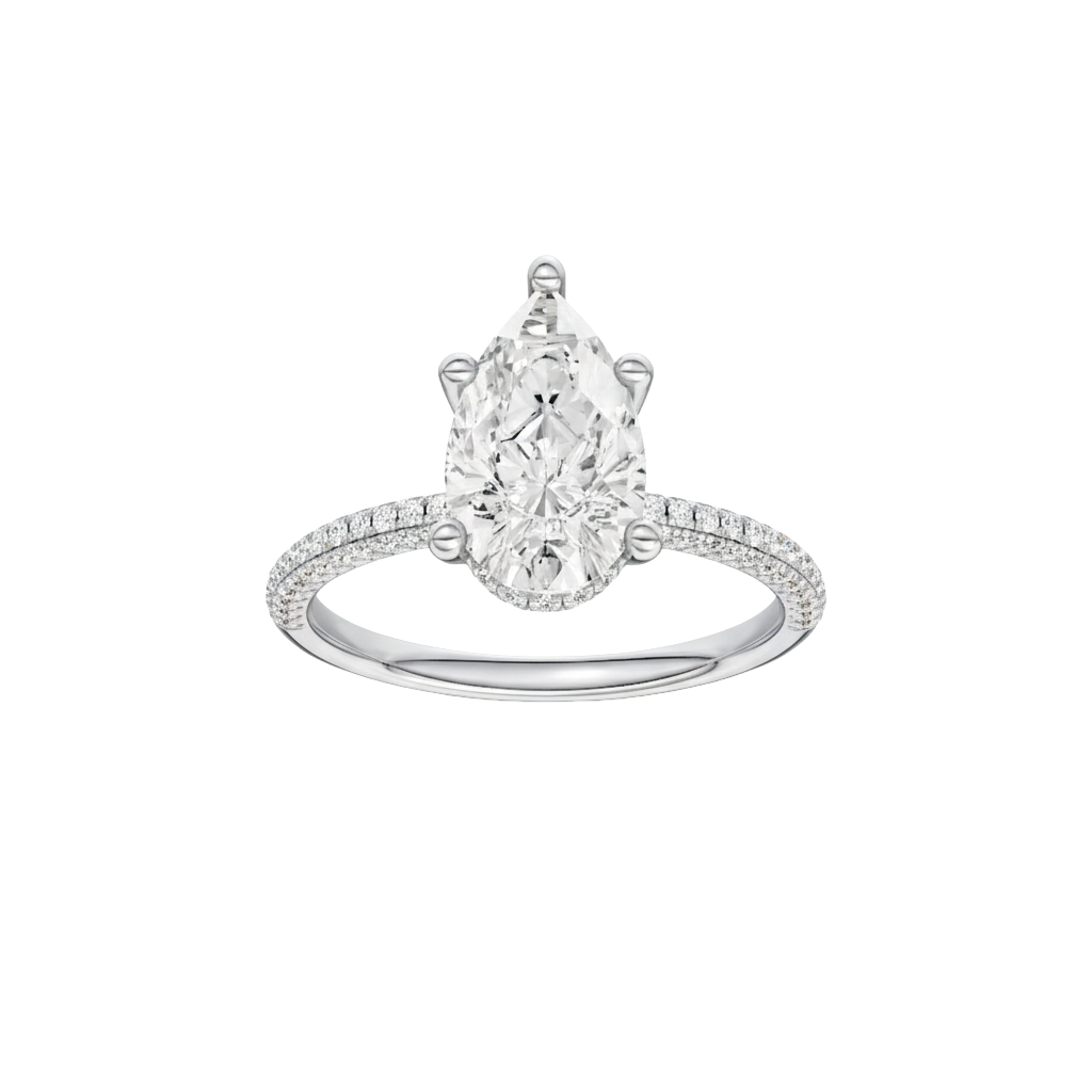 Pear-cut diamond engagement ring with a pavé-set diamond band and hidden-halo setting.