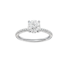 Round-cut diamond engagement ring with a pavé-set diamond band and hidden-halo setting.