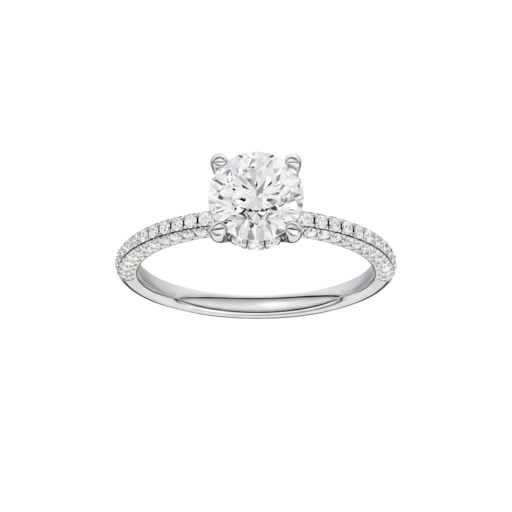 Round-cut diamond engagement ring with a pavé-set diamond band and hidden-halo setting.