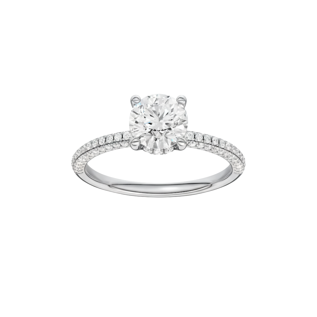 Round-cut diamond engagement ring with a pavé-set diamond band and hidden-halo setting.