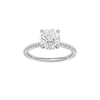 Round-cut diamond engagement ring with a pavé-set diamond band and hidden-halo setting.