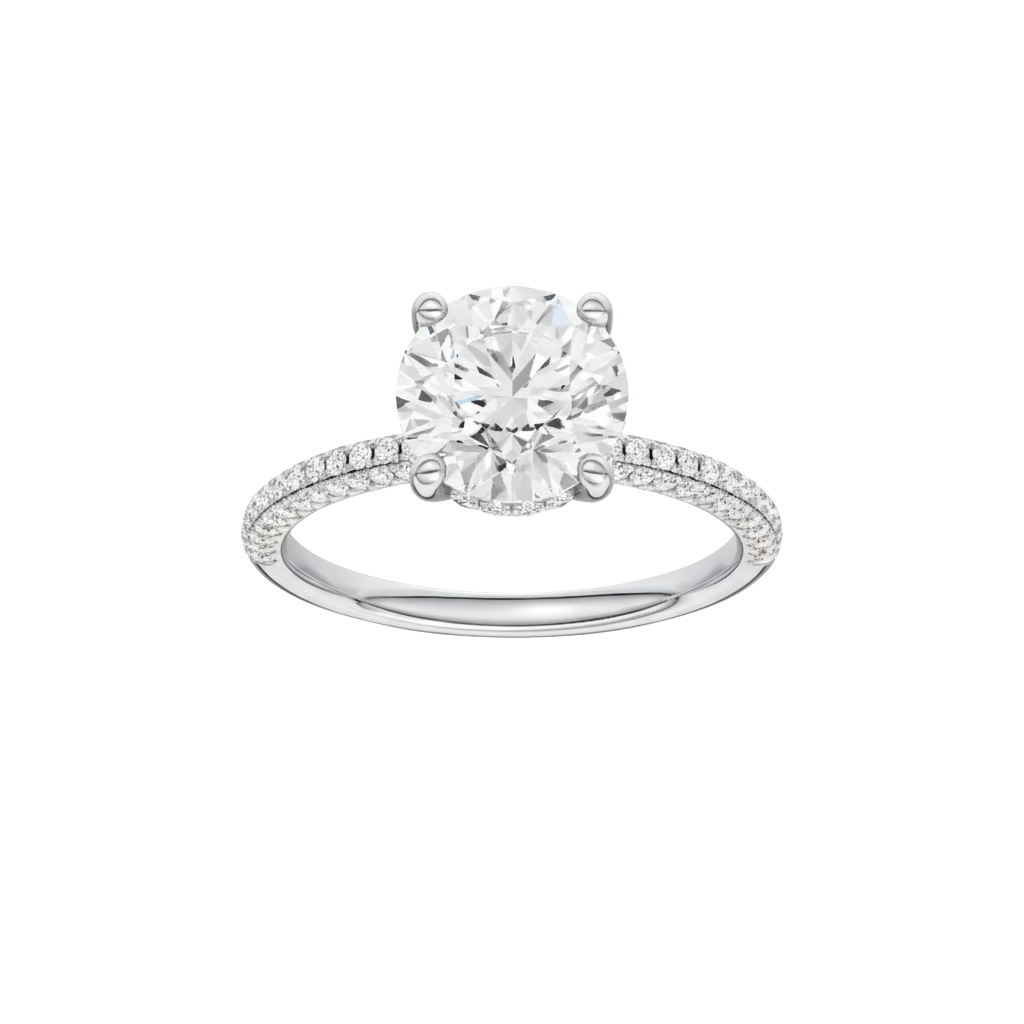 Round-cut diamond engagement ring with a pavé-set diamond band and hidden-halo setting.