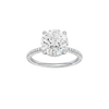 Round-cut diamond engagement ring with a pavé-set diamond band and hidden-halo setting.