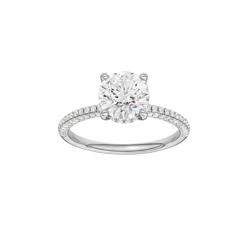 Round-cut diamond engagement ring with a pavé-set diamond band and hidden-halo setting.