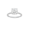 Round-cut diamond engagement ring with a pavé-set diamond band and hidden-halo setting.