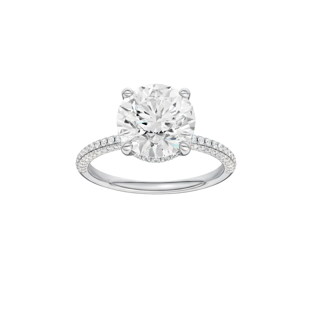 Round-cut diamond engagement ring with a pavé-set diamond band and hidden-halo setting.