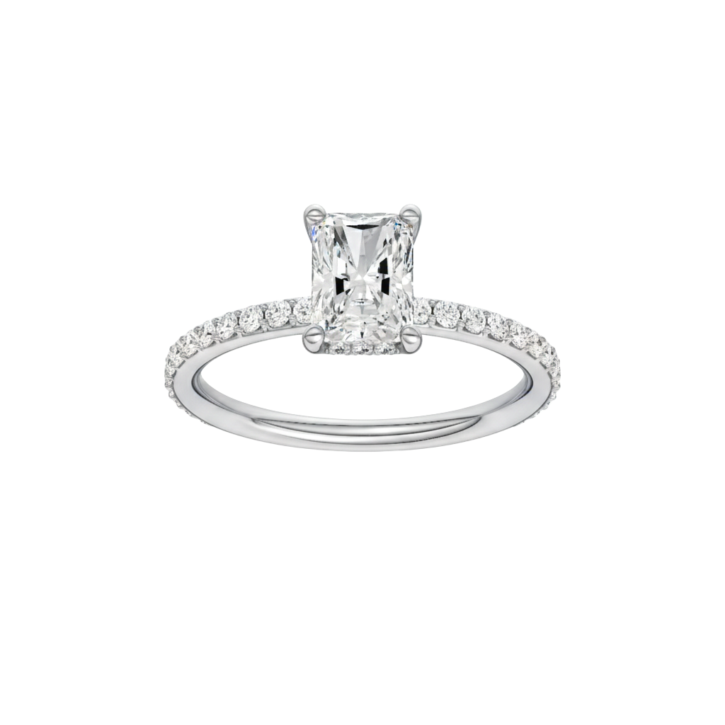 Radiant-cut diamond engagement ring with a prong-set diamond band and hidden-halo setting.