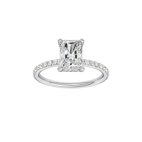 Radiant-cut diamond engagement ring with a prong-set diamond band and hidden-halo setting.
