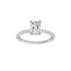 Radiant-cut diamond engagement ring with a prong-set diamond band and hidden-halo setting.