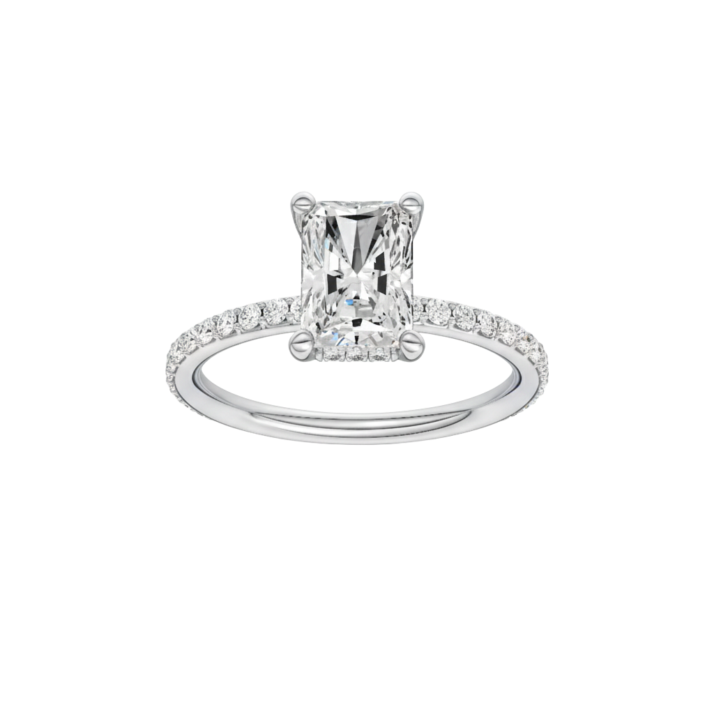 Radiant-cut diamond engagement ring with a prong-set diamond band and hidden-halo setting.