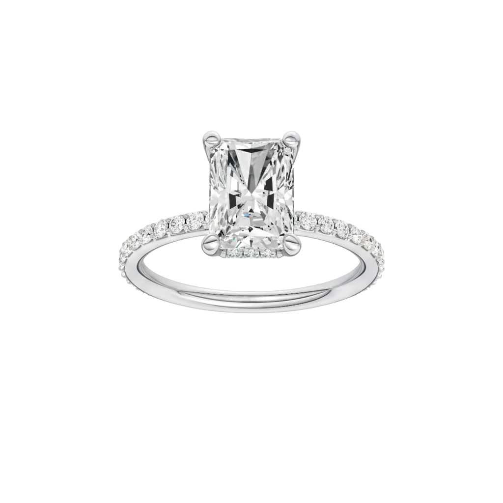 Radiant-cut diamond engagement ring with a prong-set diamond band and hidden-halo setting.