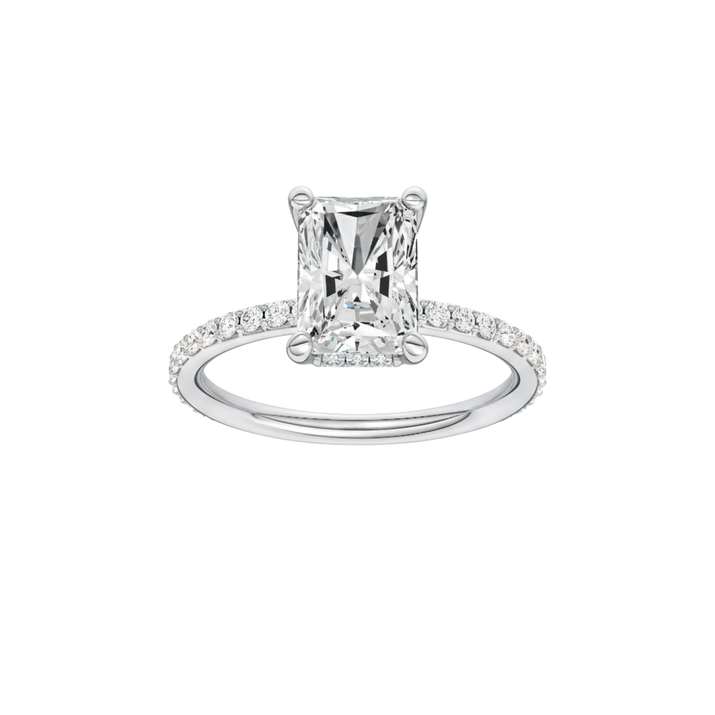 Radiant-cut diamond engagement ring with a prong-set diamond band and hidden-halo setting.