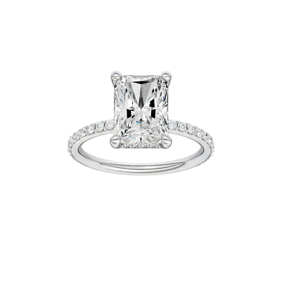 Radiant-cut diamond engagement ring with a prong-set diamond band and hidden-halo setting.
