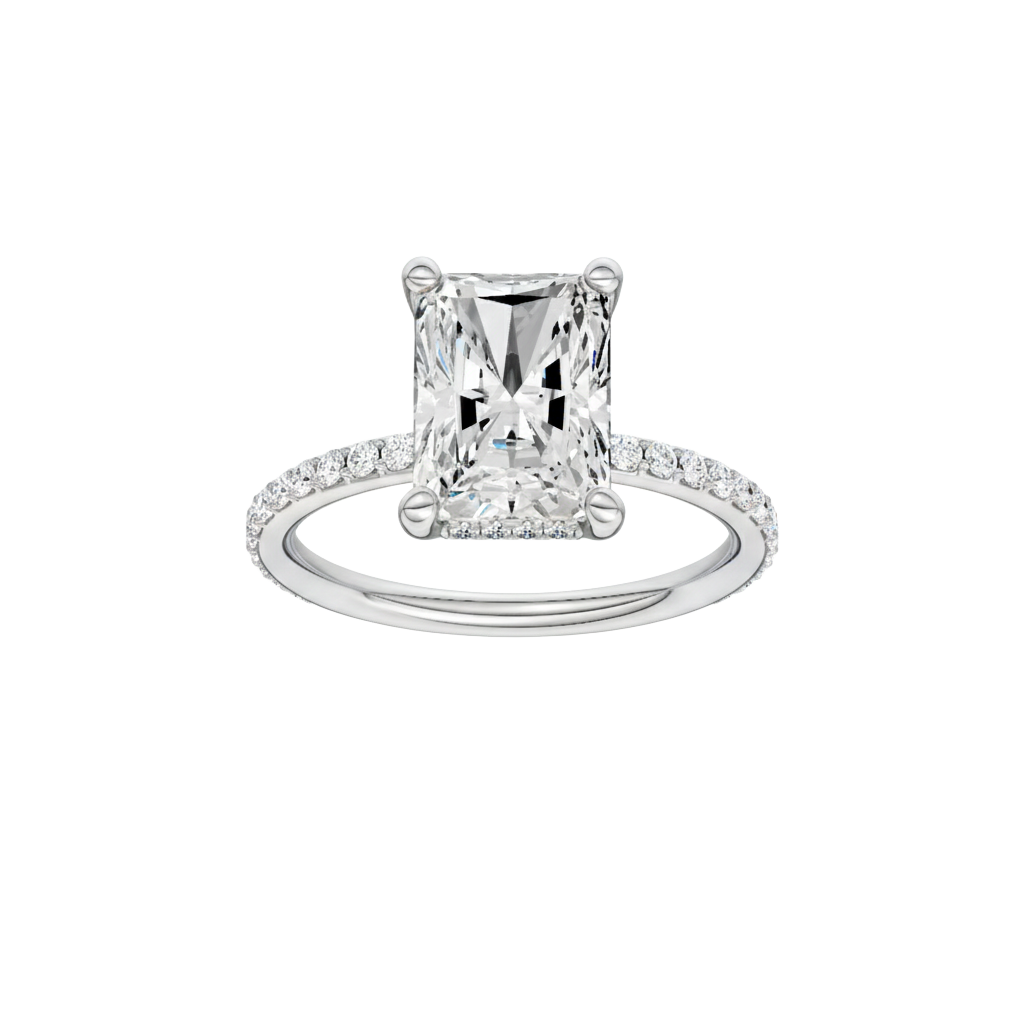 Radiant-cut diamond engagement ring with a prong-set diamond band and hidden-halo setting.