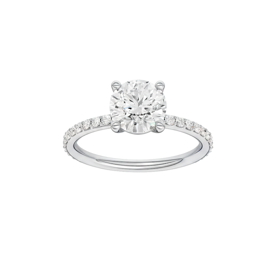 Round-cut diamond engagement ring with a prong-set diamond band and solitaire setting.