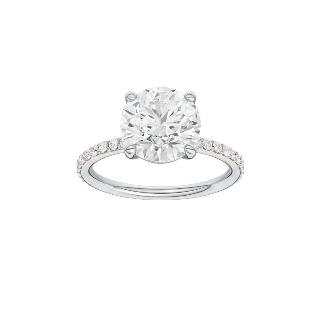 Round-cut diamond engagement ring with a prong-set diamond band and solitaire setting.