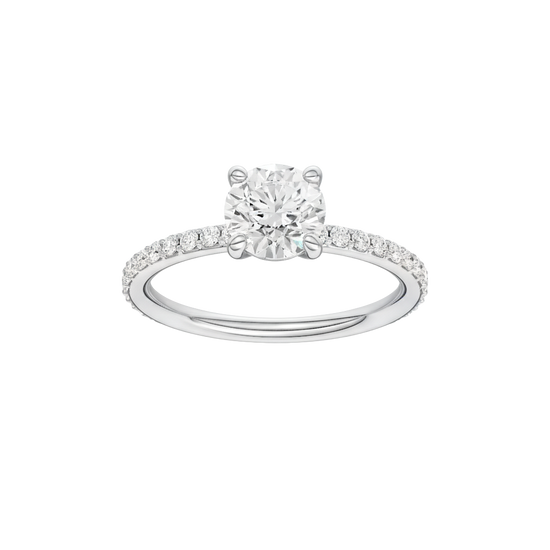 Round-cut diamond engagement ring with a prong-set diamond band and solitaire setting.