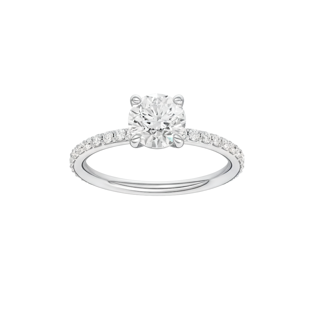 Round-cut diamond engagement ring with a prong-set diamond band and solitaire setting.