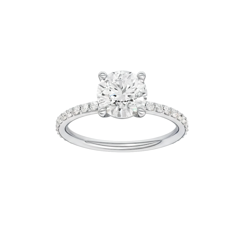Round-cut diamond engagement ring with a prong-set diamond band and solitaire setting.