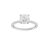 Round-cut diamond engagement ring with a prong-set diamond band and solitaire setting.