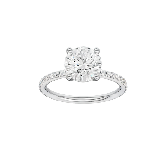 Round-cut diamond engagement ring with a prong-set diamond band and solitaire setting.