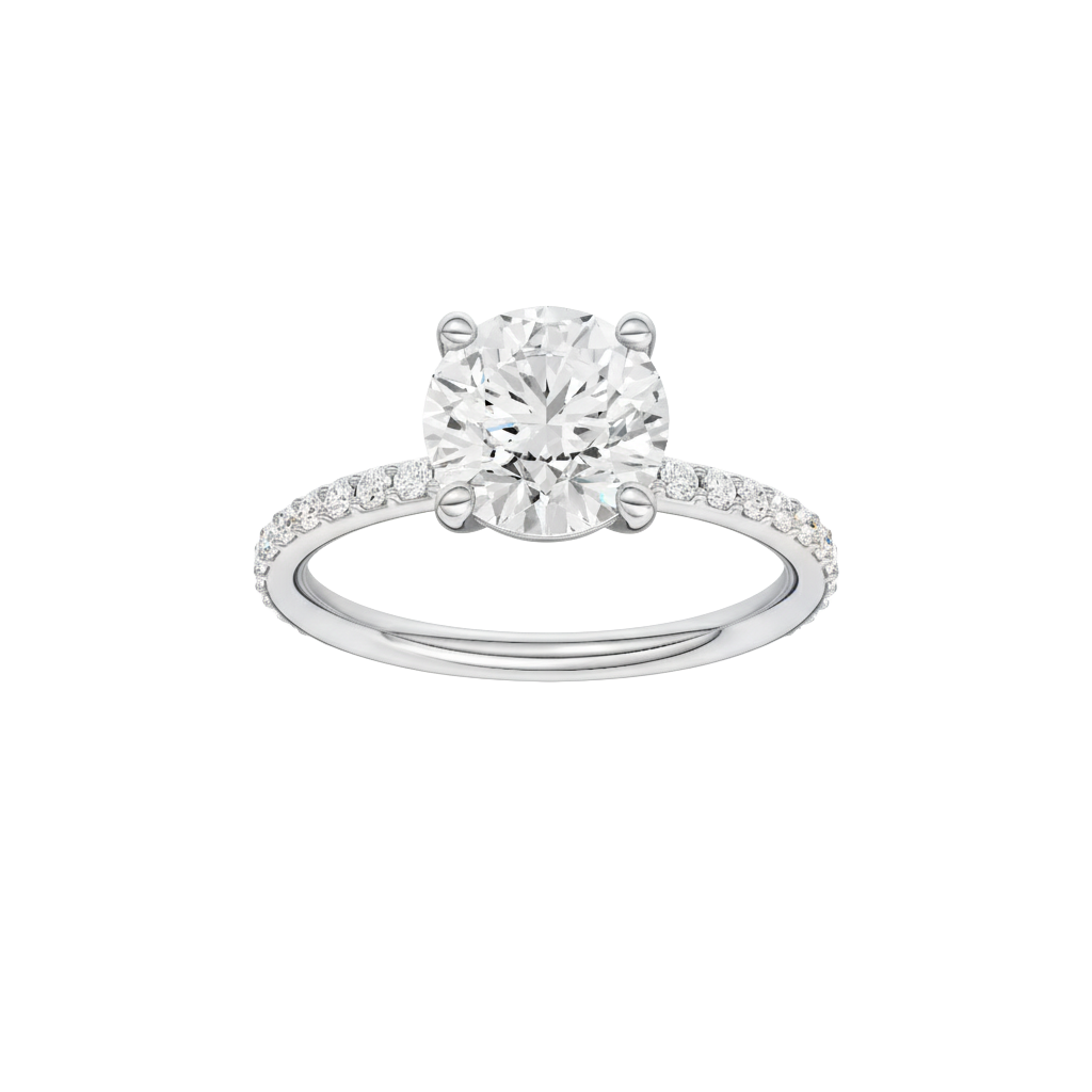 Round-cut diamond engagement ring with a prong-set diamond band and solitaire setting.