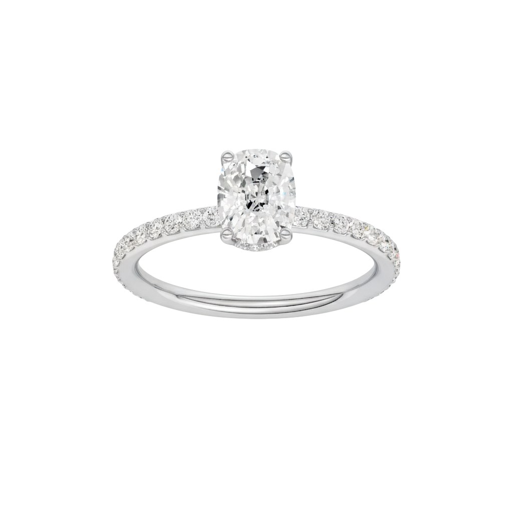 Elongated cushion-cut diamond engagement ring with a prong-set diamond band and hidden-halo setting.