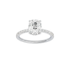 Elongated cushion-cut diamond engagement ring with a prong-set diamond band and hidden-halo setting.