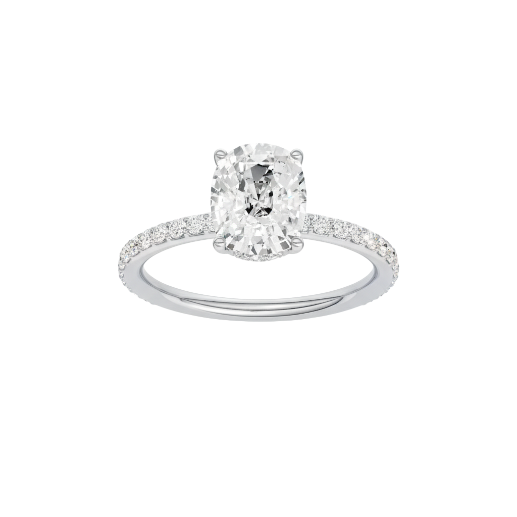 Elongated cushion-cut diamond engagement ring with a prong-set diamond band and hidden-halo setting.