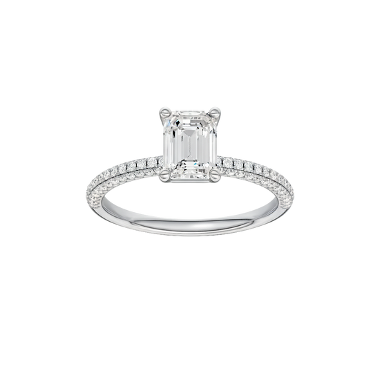 Emerald-cut diamond engagement ring with a pavé-set diamond band and solitaire setting.