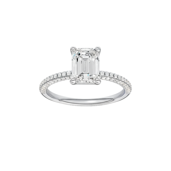 Emerald-cut diamond engagement ring with a pavé-set diamond band and solitaire setting.